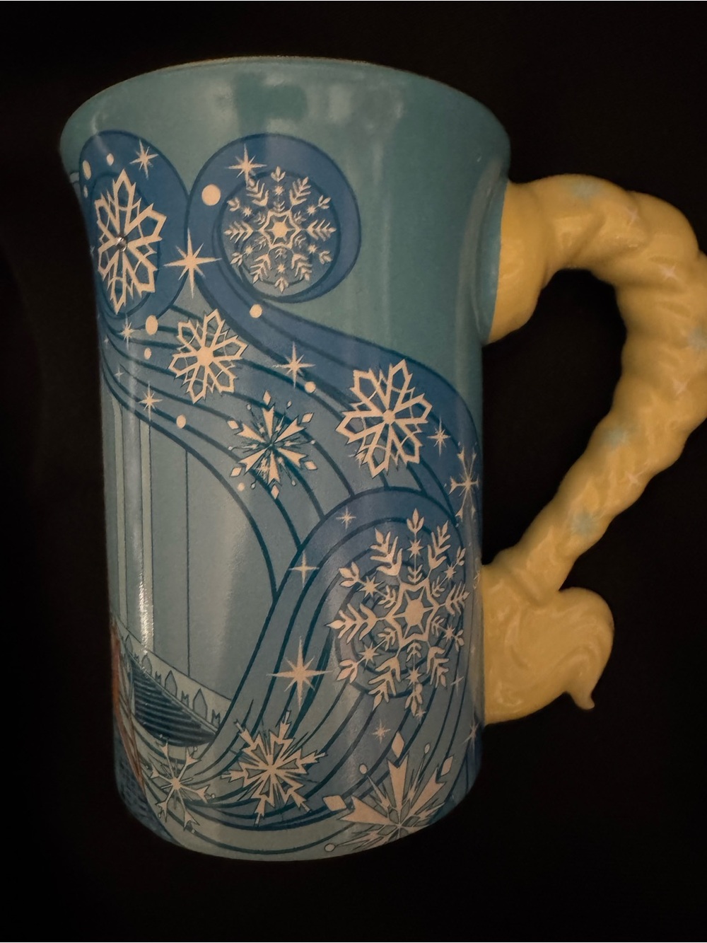 Disney PARKS Elsa Snowflake Ceramic Mug with Yellow Sculpted BRAID Handle